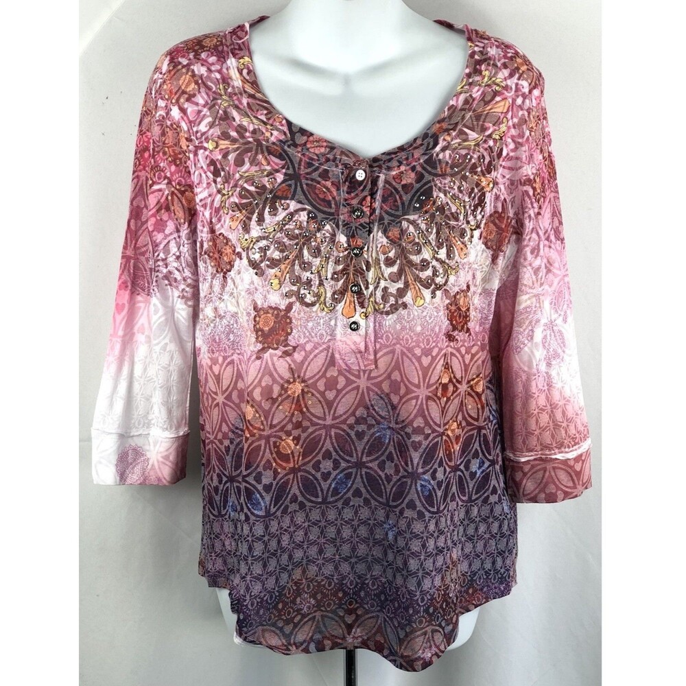 Cato Jersey Top L Pink Floral Tie Dye Beaded Henley 3/4 Sleeve Fairy Boho Hippie